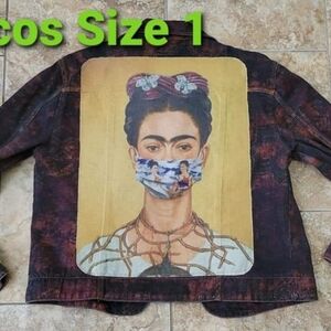 Frida kahlo maroon denim jacket with mask